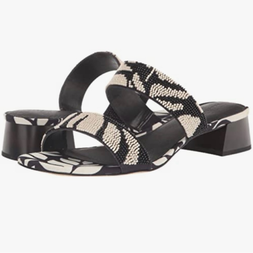 Sanctuary Revive Beaded Slide Sandals 8.5 NWT Black Ivory Abstract Heel